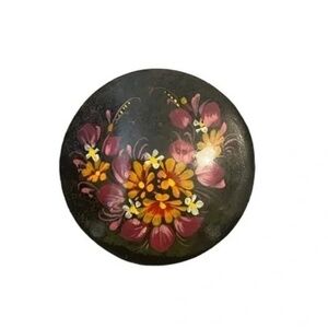 Hand Painted Floral Russian Lacquer Pin Brooch Signed 2" Across Black w/ Flowers